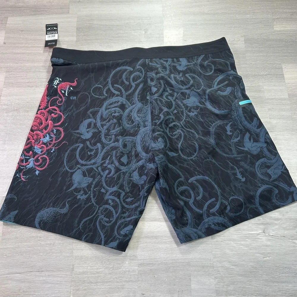 NEW Sullen Kraken Boardshorts Mens 40 Black Nautical Skull Print Swim Trunks